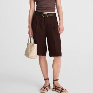 Madewell Relaxed Pleated Trouser Shorts 100% Linen Pleated Women 8 Brown NV157